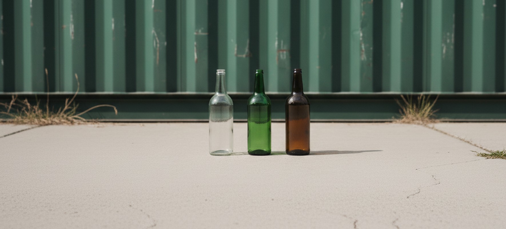 Trois bouteilles en verre vides alignées sur un sol en béton devant une paroi métallique verte