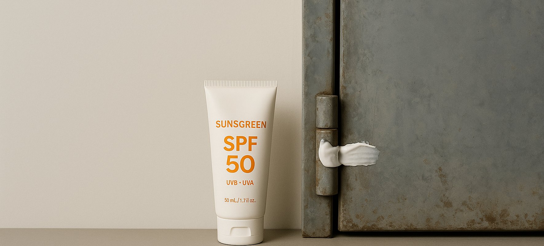 Tube de crème solaire SPF 50 posé devant une charnière métallique